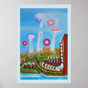 Póster Paisaje futuro con OVNI