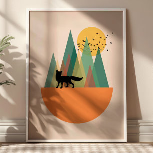 Póster Paisaje geométrico escandinavo con zorro