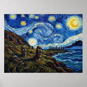 Póster Paisaje histórico de la noche estrellada de Moai e