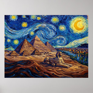 Póster Paisaje histórico nocturno estrellado de las pirám