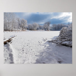 Póster paisaje invernal a lo largo de la laguna y bosques