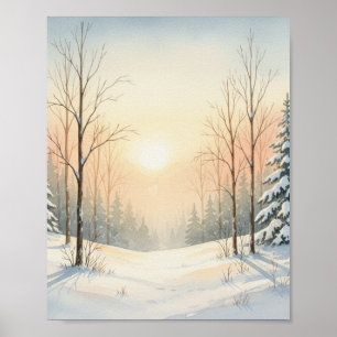 Póster Paisaje invernal acogedor acuarela – Amanecer en e