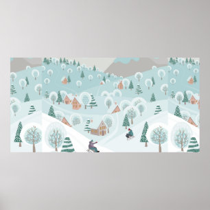 Póster Paisaje invernal con nieve, árboles y niños en