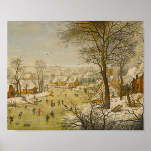 Póster Paisaje invernal con patinadores sobre hielo y tra
