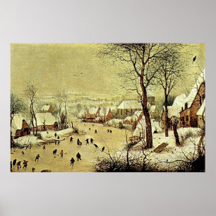 Póster Paisaje invernal con patinadores y trampa de aves