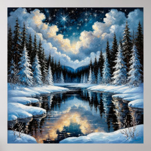 Póster Paisaje invernal estrellado con árboles nevados