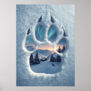 Póster Paisaje invernal mágico con huella de lobo