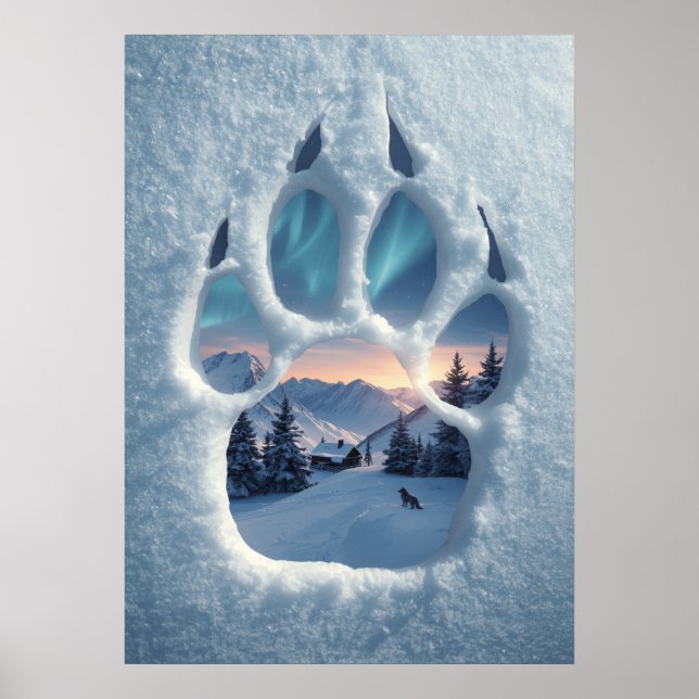 Póster Paisaje invernal mágico con huella de lobo (Frente)