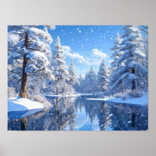 Póster Paisaje invernal nevado Escena tranquila del bosqu