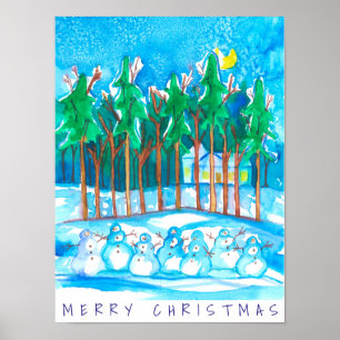 Póster Paisaje invernal Snowman Feliz Navidad