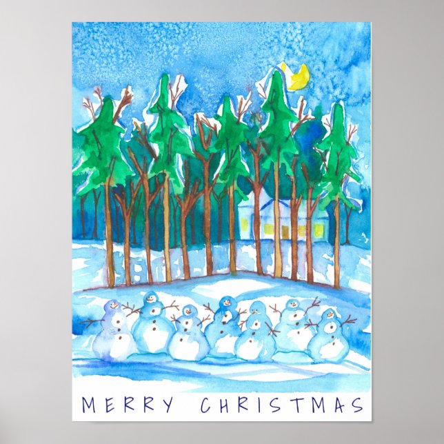 Póster Paisaje invernal Snowman Feliz Navidad (Frente)