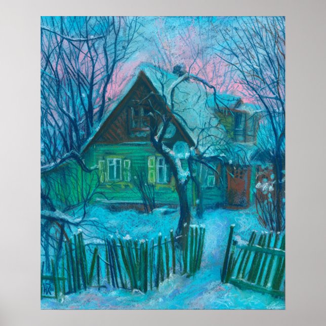 Póster Paisaje invernal Vieja Casa de Campo Pintada Paste (Frente)
