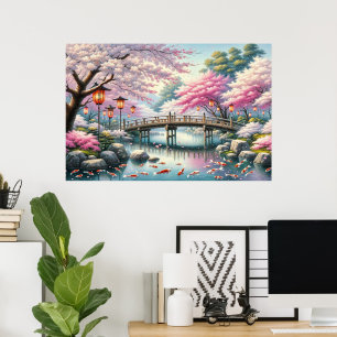 Póster Paisaje japonés con árboles de Bridge, Koi y Sakur