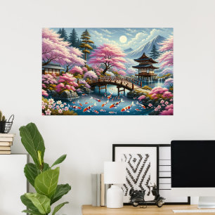 Póster Paisaje japonés con árboles de Bridge, Koi y Sakur