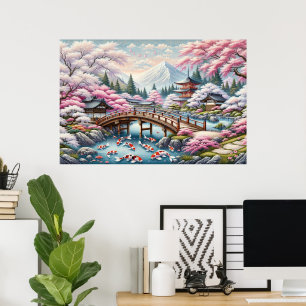 Póster Paisaje japonés con árboles de Bridge, Koi y Sakur