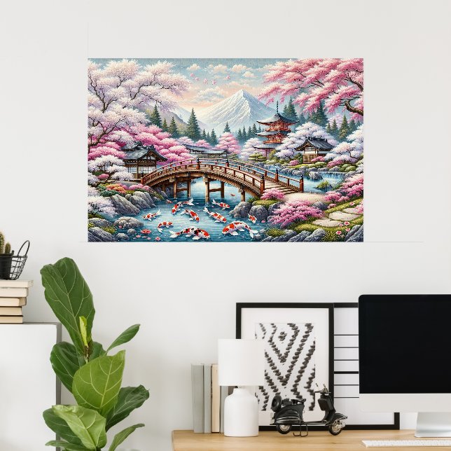 Póster Paisaje japonés con árboles de Bridge, Koi y Sakur (Oficina en casa)