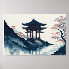 Póster Paisaje japonés con poster pagoda