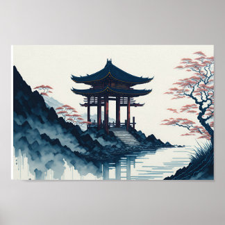 Póster Paisaje japonés con poster pagoda