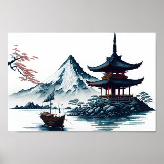 Póster Paisaje japonés con poster pagoda
