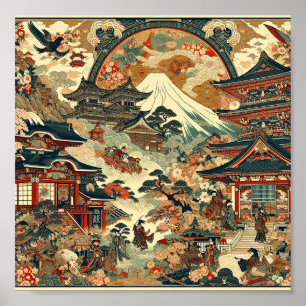 Póster Paisaje Japonés Mt Fuji Templos Flores de Cerezo