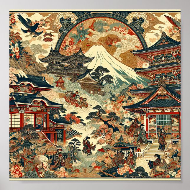 Póster Paisaje Japonés Mt Fuji Templos Flores de Cerezo (Frente)