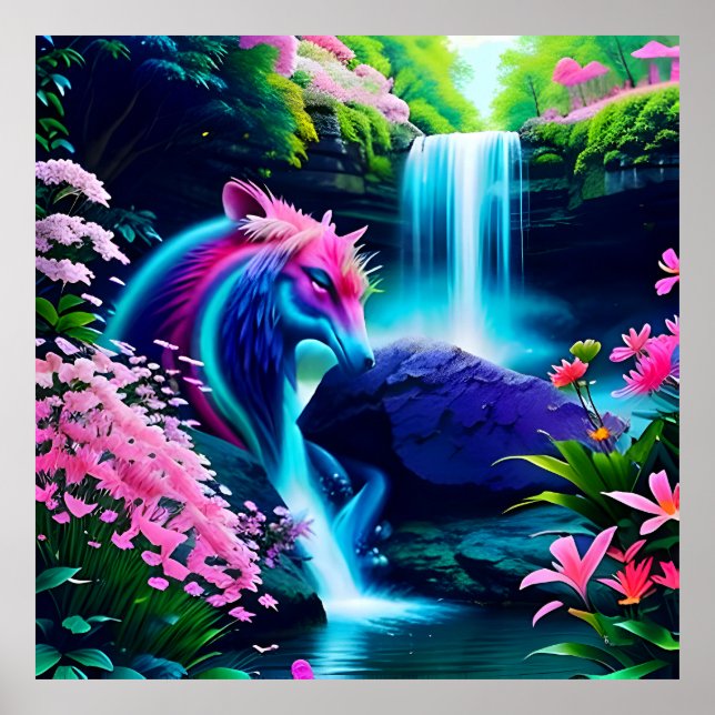 Póster Paisaje Mágico Cascada y Flores Dos (Frente)