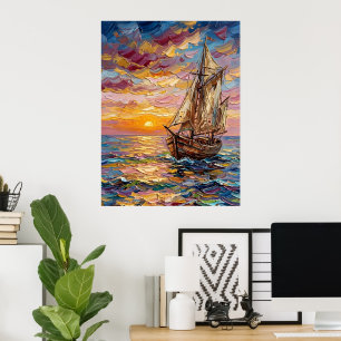 Póster Paisaje marino colorido con barco de vela