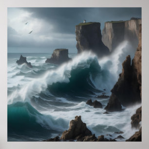 Póster paisaje marino costero, acantilados escarpados ola