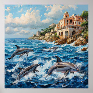 Póster Paisaje marino de delfines