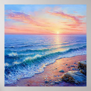 Póster 🌅 Paisaje marino del océano con puesta de sol dor