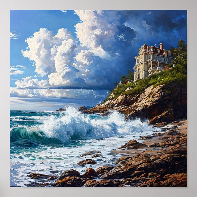 Póster 🌊 Paisaje marino dramático Olas del océano Atarde (Frente)