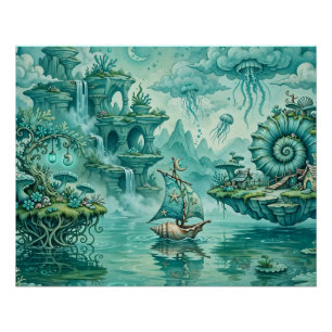 Póster Paisaje marino surreal de ensueño en verde cian