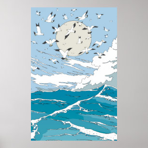 Póster Paisaje marino vintage japonés