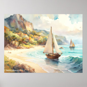 Póster Paisaje marítimo y velero