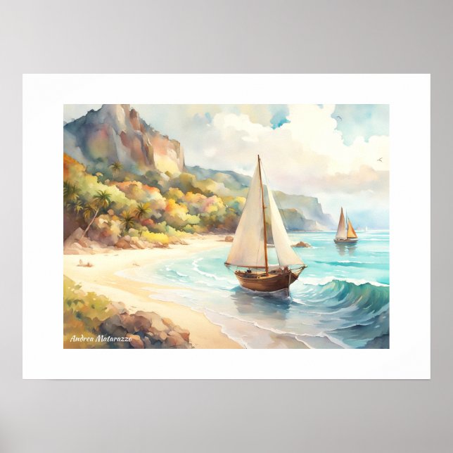 Póster Paisaje marítimo y velero (Frente)