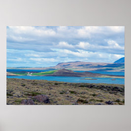 Póster Paisaje matutino de Islandia con granjas en un fio