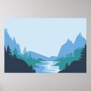 Póster Paisaje minimalista de montaña y río