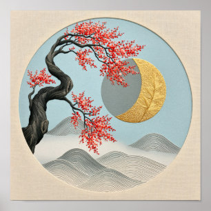 Póster Paisaje minimalista japonés de flor de cerezo y lu