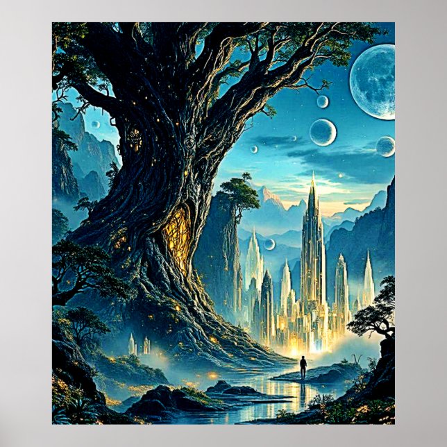 Póster Paisaje místico de la ciudad del árbol (Frente)
