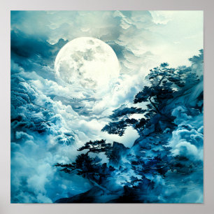 Póster Paisaje místico de montaña bajo la luz de la luna