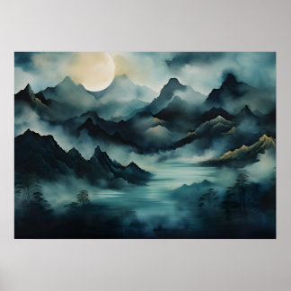 Póster Paisaje místico: Montañas iluminadas por la luna, 