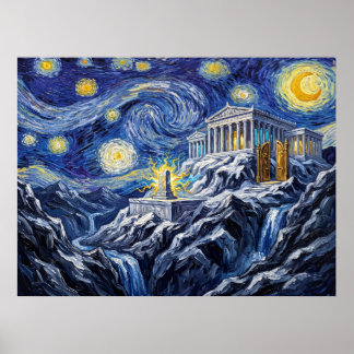 Póster Paisaje mitológico nocturno estrellado del Monte O