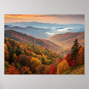 Póster paisaje, montañas, flores silvestres, pintura al ó