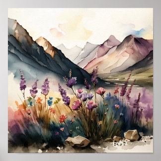 Póster Paisaje montañoso con acuarela de flores silvestre