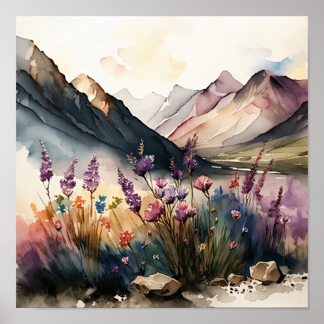 Póster Paisaje montañoso con acuarela de flores silvestre (Frente)