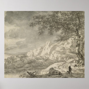 Póster Paisaje montañoso con excursionismo