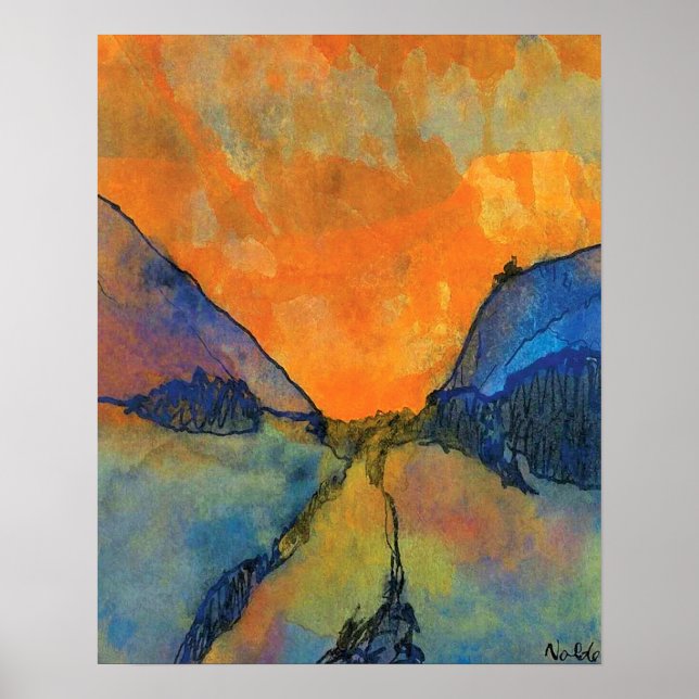 Póster Paisaje montañoso de Emil Nolde Valle con puesta d (Frente)