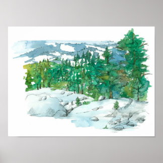 Póster Paisaje montañoso de invierno sacude árboles ecoló