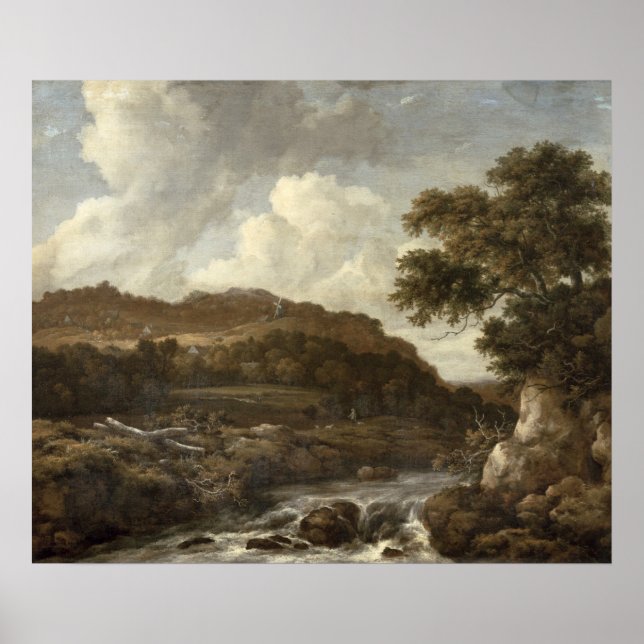 Póster Paisaje montañoso de madera con un torrent (Frente)