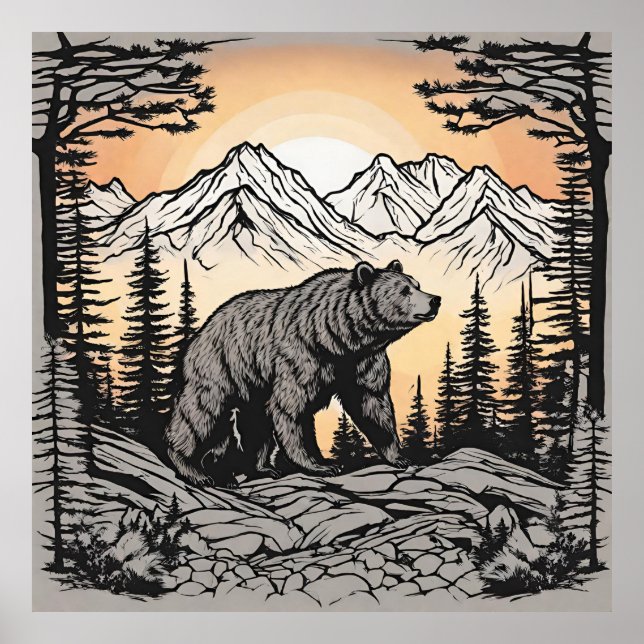 Póster Paisaje montañoso de oso y naturaleza (Frente)